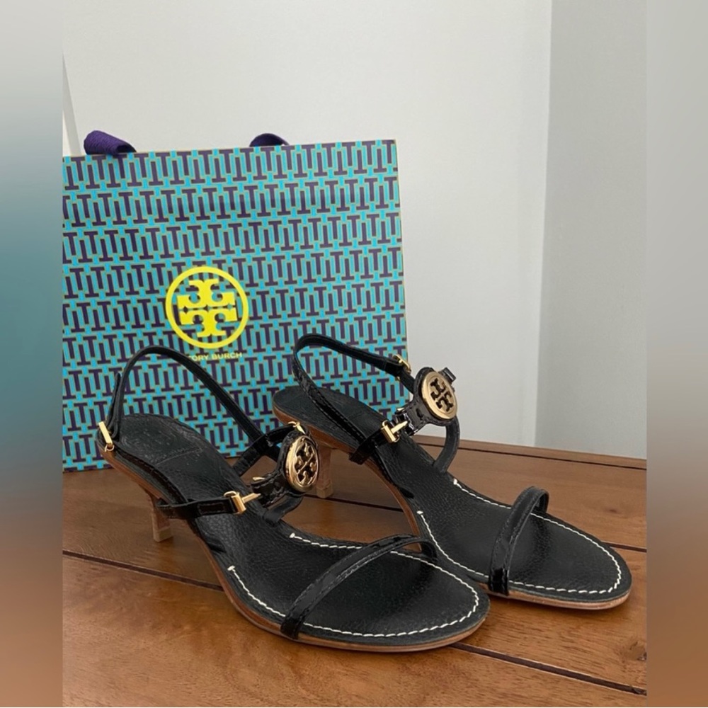 Tory Burch Black Sandals with Gold Logo - Picture 3 of 10